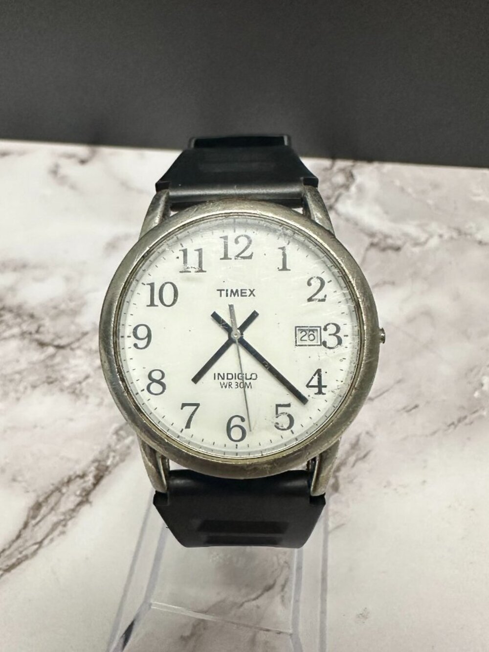 Timex Easy Reader Watch Men Silver Tone MISSING CROWN TOP Working 9.5"